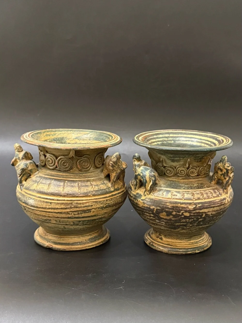 Pair of Vintage Asian Pottery Elephant Details 4.25” Vase